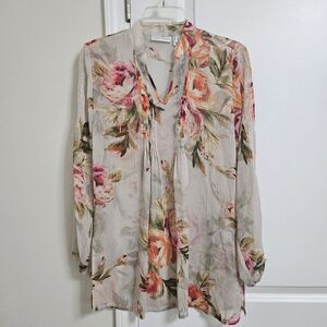 Susan Graver Blouse Women's XXS Floral Multicolor Lightweight Long Sleeve Sheer